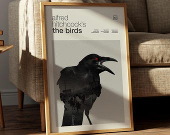 The Birds Poster - Alfred Hitchcock Movie Print, Minimalist Horror Poster, Mid Century Modern Wall Art, Classic 1960s Cinema Print
