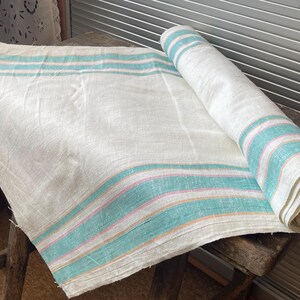 RESERVED: 27 ft X 19 in pure  Linen Towelling Fabric for Tea Towels, dish towels Runners, green pink stripes