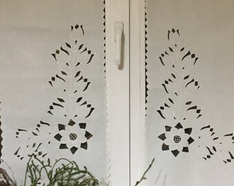 Vintage small white cotton window panels, cafe curtains set of 2=70x36 cm