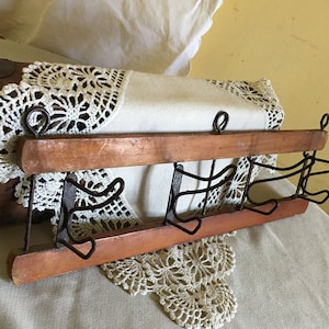 Vintage mid-century Coat Rack Wooden and Metal, Wall Mounted, 4 metal double Hooks, Small Hanging Clothes and Hat Rack, Hallway or Entryway