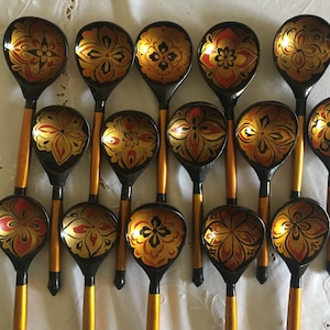 Vintage handpainted wooden spoons, Vintage Khokhloma spoons, Russian wooden spoons