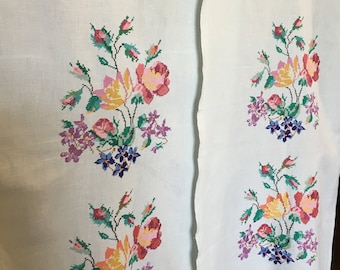 Midcentury hand made cross stitch linen floral needlepoint roses curtains 1950s, set of 2 narrow panels curtains and one valance