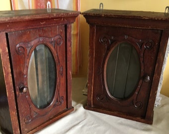 Pair of antique wooden medicine wall mount cabinet, simmetric