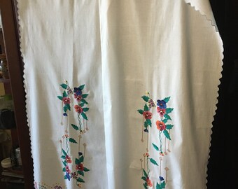Vintage handmade crewel floral pansies panels 1950s, white cotton hand made embroidered set of 2 panels curtains and 1 valance