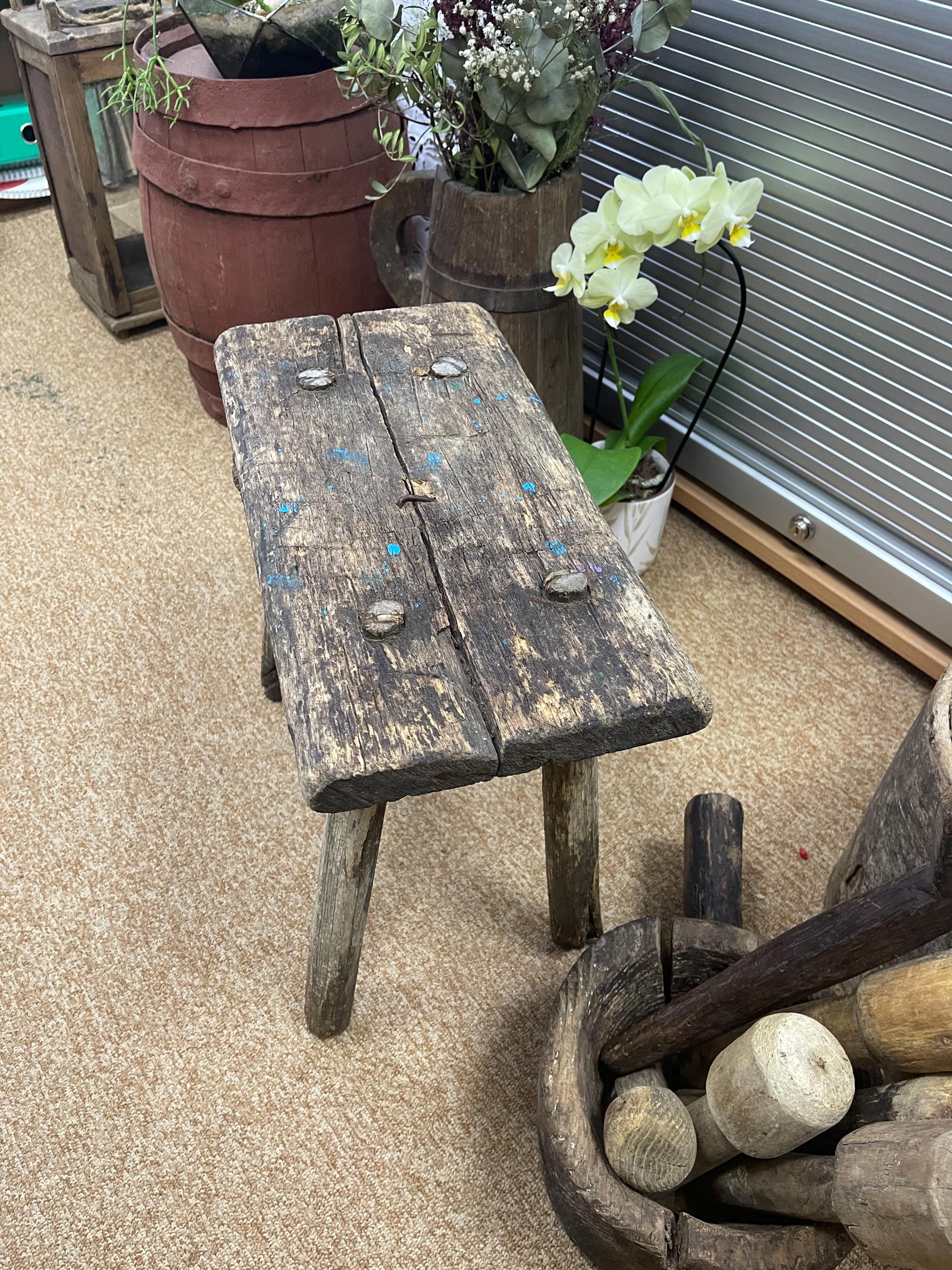 Rustic Antique Wooden Stool, Farm Work Stool, Folk Furniture, Primitive ...