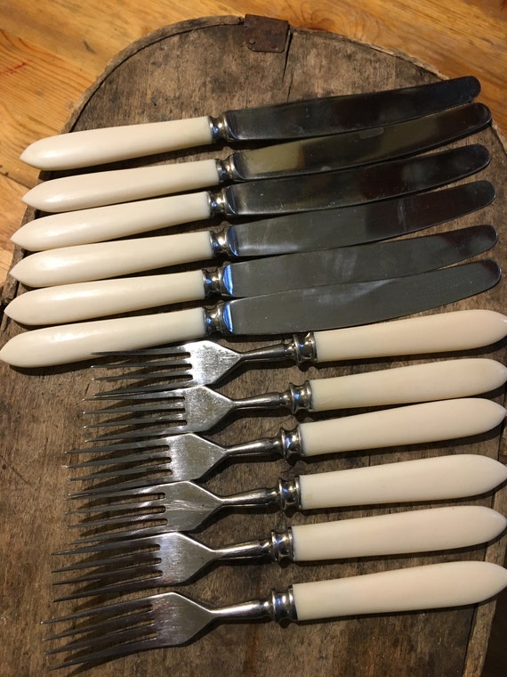 Faux bone cutlery dozen set of 6 forks and 6 knives, Vintage stainless steel Flatware, Bakelite Cutlery, 1960s vintage kitchen, soviet