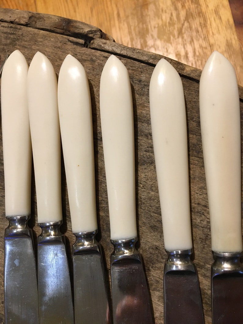 May include: Six silver butter knives with white plastic handles. The knives are arranged in a row on a wooden surface.