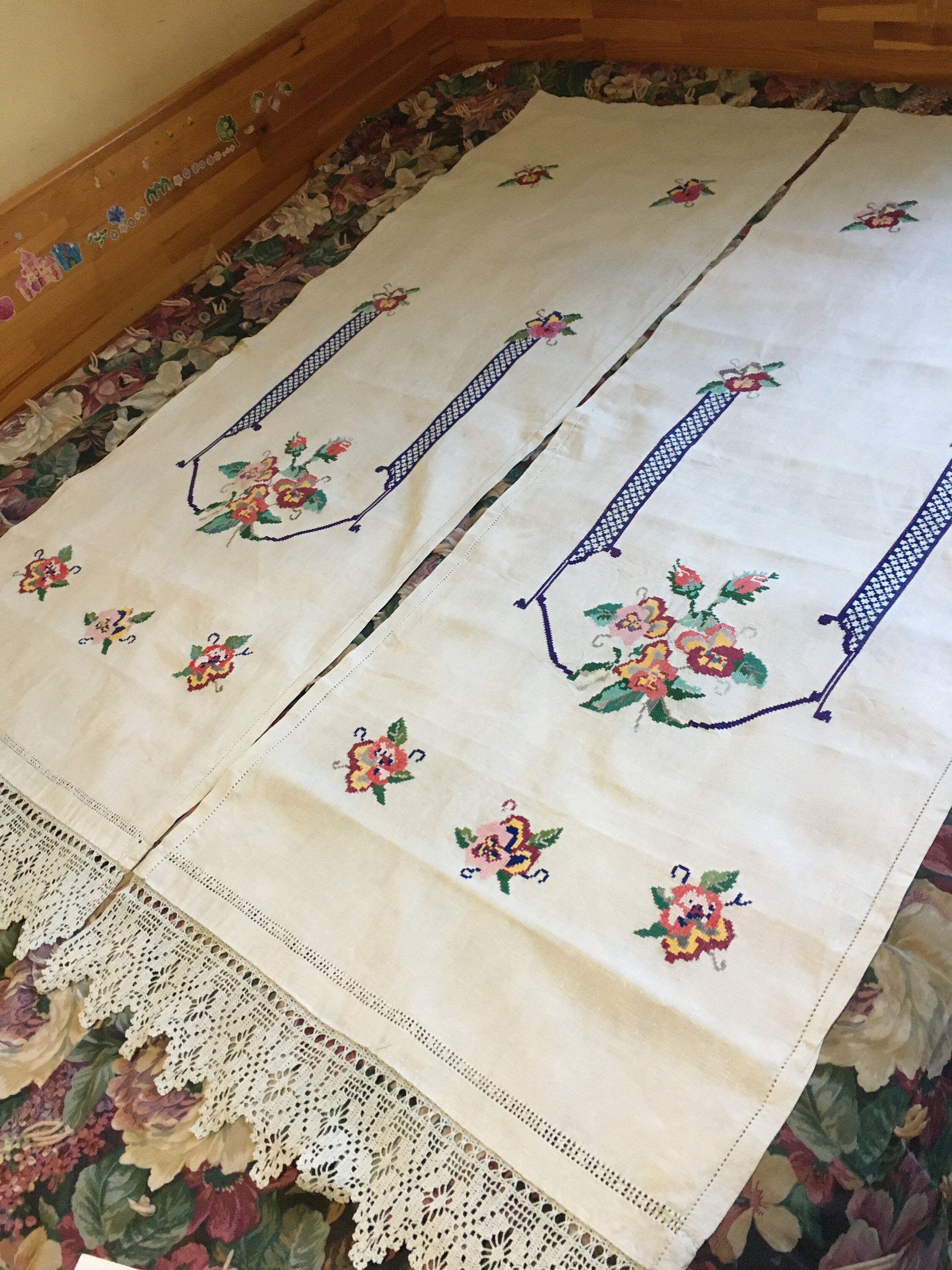 Midcentury heavy linen needlepoint floral curtains 1950s, hand embroidered set of 2 panels curtains family strength symbols