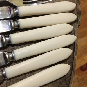 May include: Set of six silver knives with white bone handles. The knives are arranged in a row, with the handles facing the viewer.