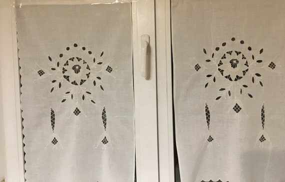 Vintage White Cotton Cafe Curtains Set Of 267x42 Cm Etsy