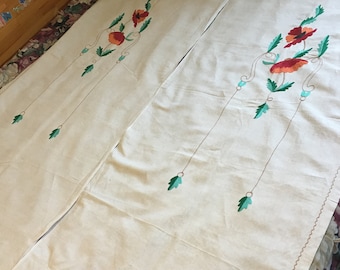 Midcentury linen ecru floral curtains, set of 2 panels