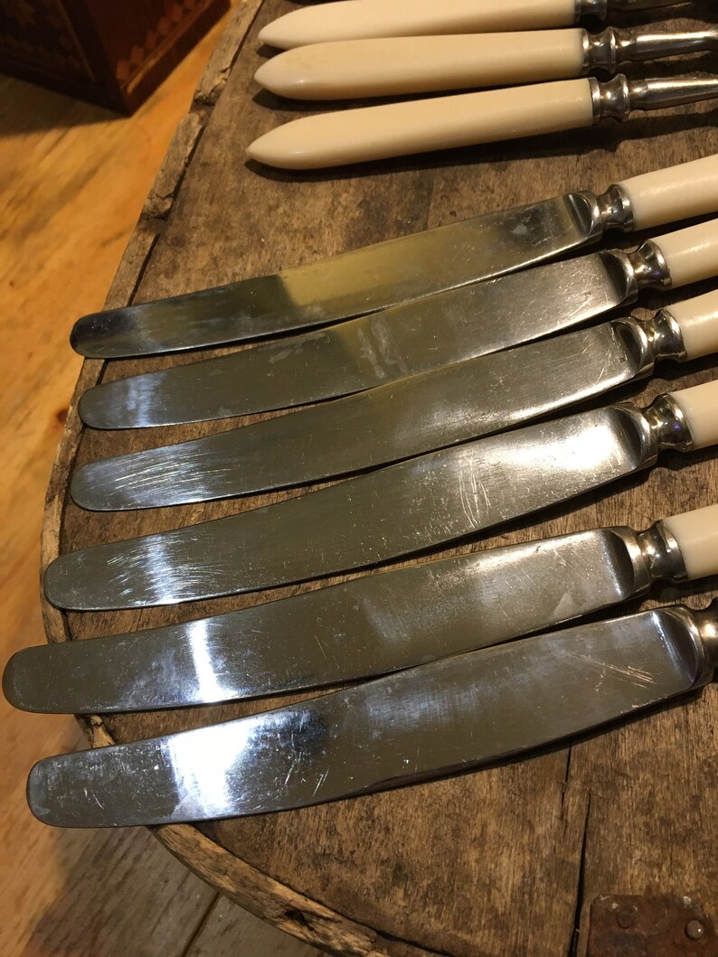 May include: A set of eight silver dinner knives with ivory-colored handles. The knives are arranged in a row on a wooden surface.