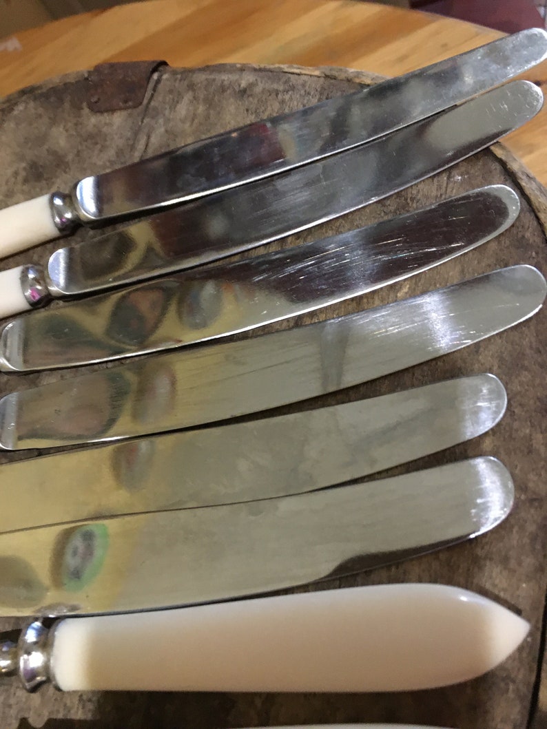 May include: Set of six silver butter knives with white handles. The knives are arranged in a row, with the handles facing the viewer. The knives are shiny and reflect the light.