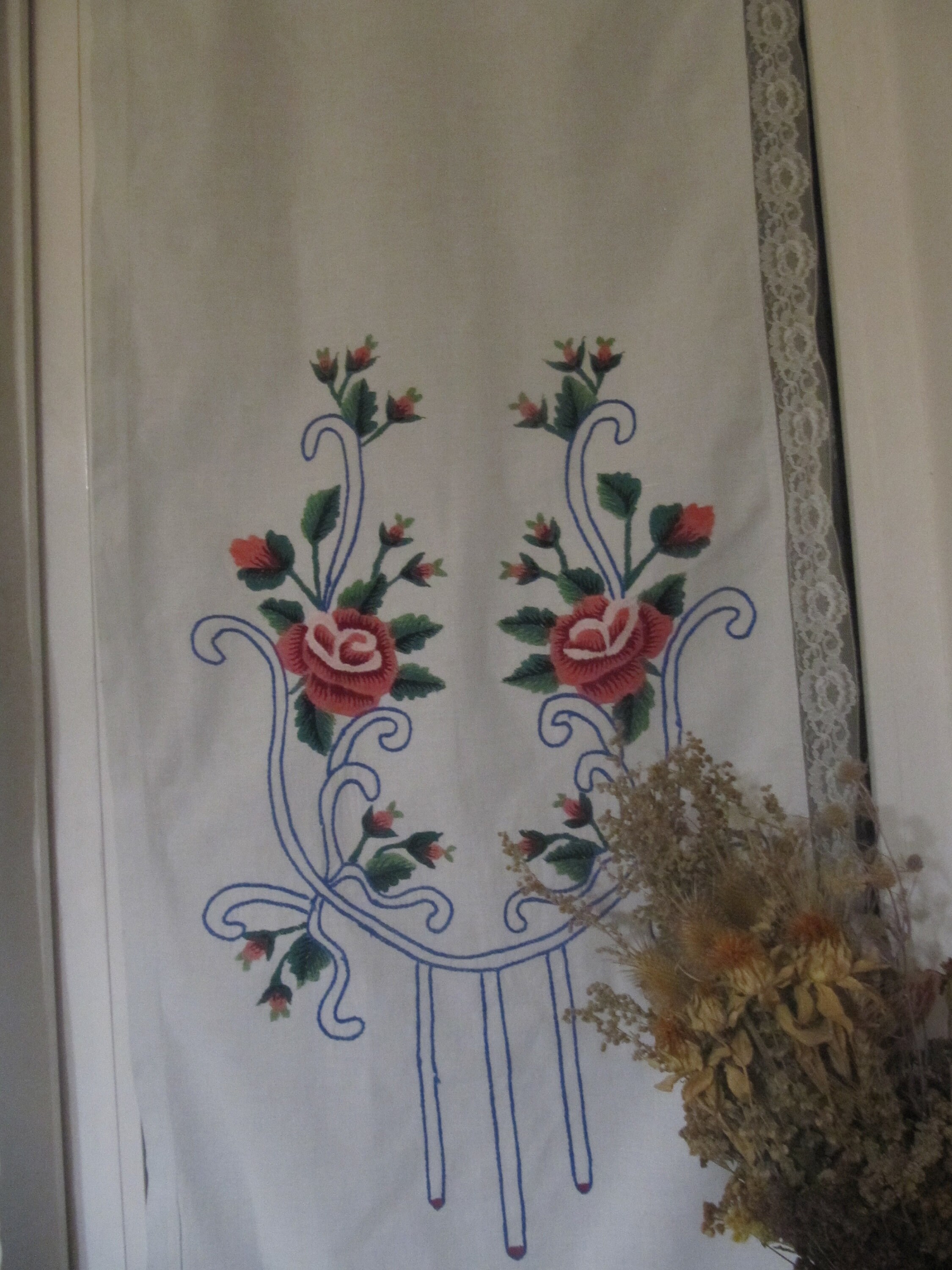 White Cotton Roses Cafe Embroidered Curtains Panels Valances Etsy
