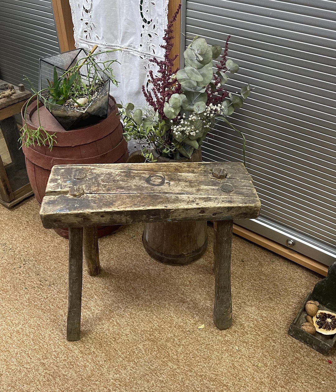 Rustic Office Stool Rustic Antique Wooden Stool, Farm Work Stool, Wabi Sabi Folk Furniture ...