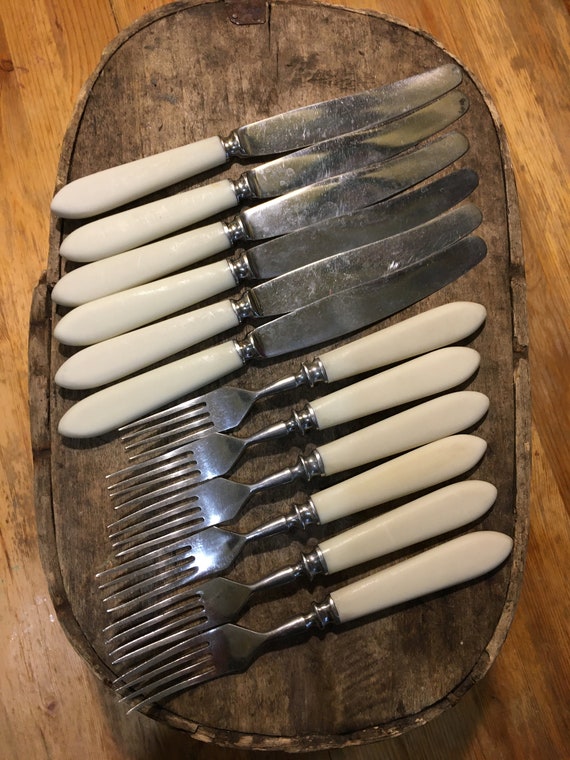 Faux bone cutlery dozen set of 6 forks and 6 knives, Vintage stainless steel Flatware, Bakelite Cutlery, 1960s vintage kitchen, soviet