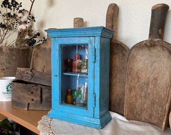 MINI Primitive Vintage Medicine cabinet rustic blue wooden hand made 30 x 21.5 cm