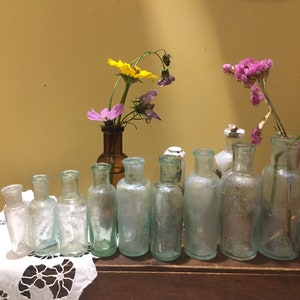 May include: A collection of ten clear glass bottles with a variety of shapes and sizes, arranged in a row on a wooden surface. The bottles are empty and have a vintage look. There are dried flowers in the bottles, including yellow, pink, and purple flowers.