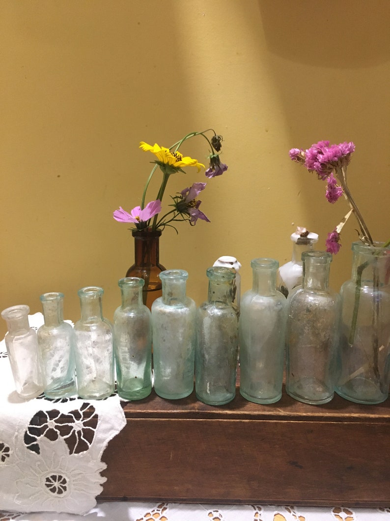 May include: A collection of ten clear glass bottles with a variety of shapes and sizes, arranged in a row on a wooden surface. The bottles are empty and have a vintage look. There are dried flowers in the bottles, including yellow, pink, and purple flowers.
