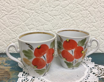 Hand painted 70s 100 ml vintage 2 Coffee Cups, Poltava Porcelain Factory,  paradise apples Ukraine vintage drinkware