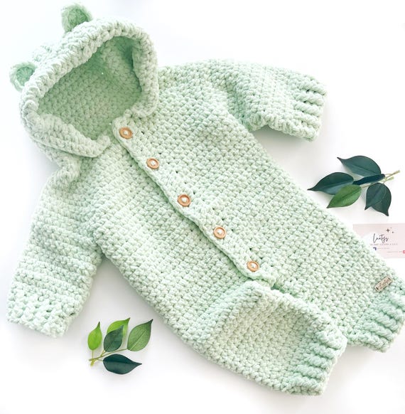 Baby bear snowsuit, baby crochet onsie, baby outerwear, baby pram-suit,  baby all in one