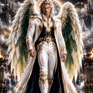 Puede incluir: Una ilustración digital que presenta el texto Wicked Conjures sobre una figura con grandes alas de plumas blancas y verdes. La figura viste un abrigo blanco y dorado, un chaleco oscuro y pantalones blancos con detalles dorados en un entorno fantástico.