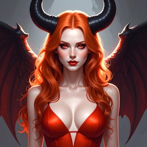 May include: A figure with long wavy orange hair, glowing red eyes, and large black horns. The figure has expansive dark wings extending from the back and wears a vibrant red top with a deep neckline, showcasing a striking and bold appearance.