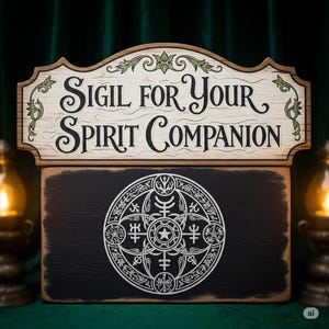 Può includere: Cartello in legno con la scritta "SIGIL FOR YOUR SPIRIT COMPANION" in nero. Il cartello ha un bordo decorativo e un disegno circolare con motivi intricati in bianco su sfondo nero. Il cartello è in legno.