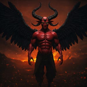 Puede incluir: Un demonio rojo con alas y cuernos negros se encuentra de pie sobre un fondo de fuego. El demonio tiene una complexión musculosa y ojos verdes brillantes.