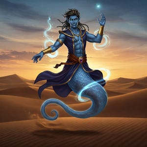 May include: A blue genie with a long, flowing tail emerges from a swirling cloud of smoke in a desert landscape. The genie is wearing a blue robe with gold accents and a purple sash. The genie has long, dark hair and piercing blue eyes.
