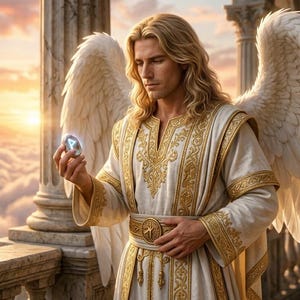 Puede incluir: Ilustración digital de una figura con cabello rubio largo y ondulado, vestida con una túnica blanca y dorada, y grandes alas blancas emplumadas. La figura sostiene un orbe azul brillante. El fondo presenta una puesta de sol sobre una ciudad en las nubes.