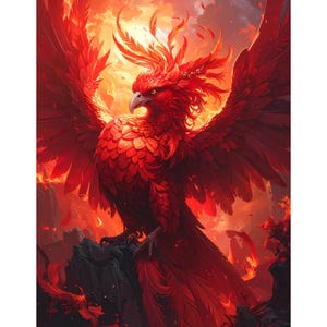 May include: A vibrant digital illustration of a phoenix, rendered in shades of red and orange. The mythical bird is depicted with outstretched wings, perched atop a rocky surface, against a fiery background. The artwork showcases detailed feather textures.