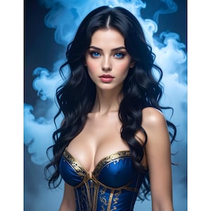 May include: A portrait of a woman with long, wavy black hair and striking blue eyes. She wears a blue corset with gold accents and ornate detailing. The background features a soft, smoky blue effect, enhancing the image's ethereal quality.