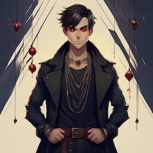 May include: Digital illustration of a person with red eyes, wearing a black coat, shirt, and multiple gold necklaces. The person is holding a brown belt. Red orbs hang from above. The background is a light beige color.