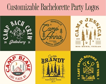Aangepast vrijgezellenfeest-logo |  Camp Bachelorette-logo | Laatste spoor voor de sluier | Bergen en mimosa's | Camp Bach-crew