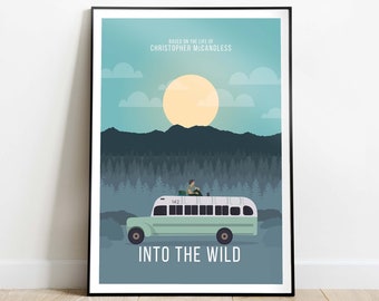 Puede incluir: Un diseño de póster minimalista con un autobús verde con el texto "Into the Wild" y las palabras "Based on the life of Christopher McCandless" en la parte superior. El autobús se encuentra sobre un fondo de cielo azul, nubes blancas y un sol amarillo.