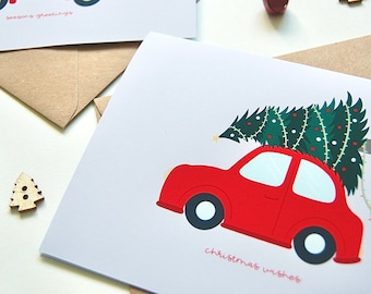Illustrated Christmas Cars Card Pack of 4, 2 designs, Christmas Card set, Holiday Card Set, Assorted Cards, Driving home for Christmas