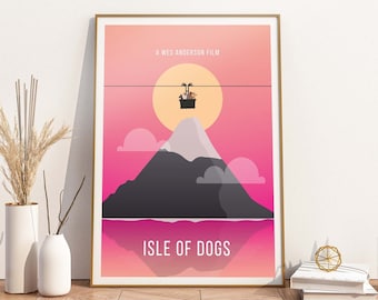 Puede incluir: Un póster rosa y naranja con una montaña negra y un sol amarillo. El póster dice "A Wes Anderson Film" e "Isle of Dogs" en texto blanco.