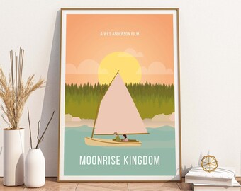 May include: A minimalist poster with a sunset scene featuring a sailboat with two figures on board. The poster has the title "Moonrise Kingdom" and the text "A Wes Anderson Film" at the top.