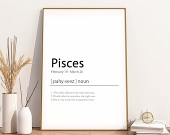 Pisces Minimalist Wall Art, Zodiac Prints, Astrology Wall Art, Pisces Gift, Dictionary style, Horoscope decor for bedroom, dorm room