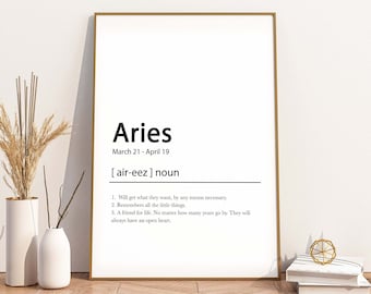 Aries Minimalist Wall Art, Zodiac Prints, Astrology wall art, Aries gift, Dictionary style, Horoscope gifts, Aries Decor