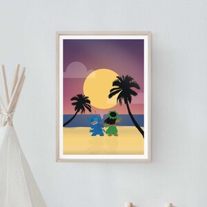 May include: A digital illustration of Stitch and Lilo from the Disney movie Lilo & Stitch. Stitch is blue with purple ears and Lilo is wearing a green dress and a flower in her hair. They are dancing on a beach at sunset with a large yellow moon in the sky.
