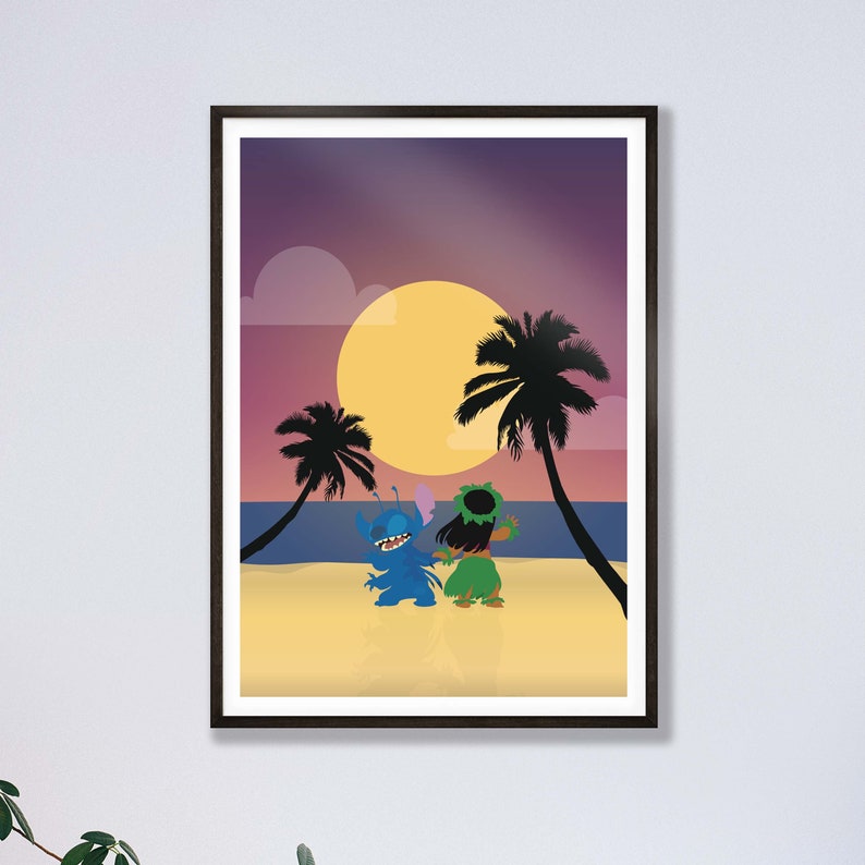May include: A digital illustration of Stitch and Angel from Lilo & Stitch, dancing on a beach at sunset. The background features a large yellow moon, palm trees, and a purple sky.