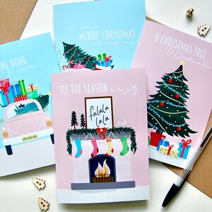 4er Set Illustrierte Weihnachtskarten, Rosa und Blau Karten, Weihnachtskarten Set, Weihnachtskarten Set, Verschiedene Karten, Grußkarten