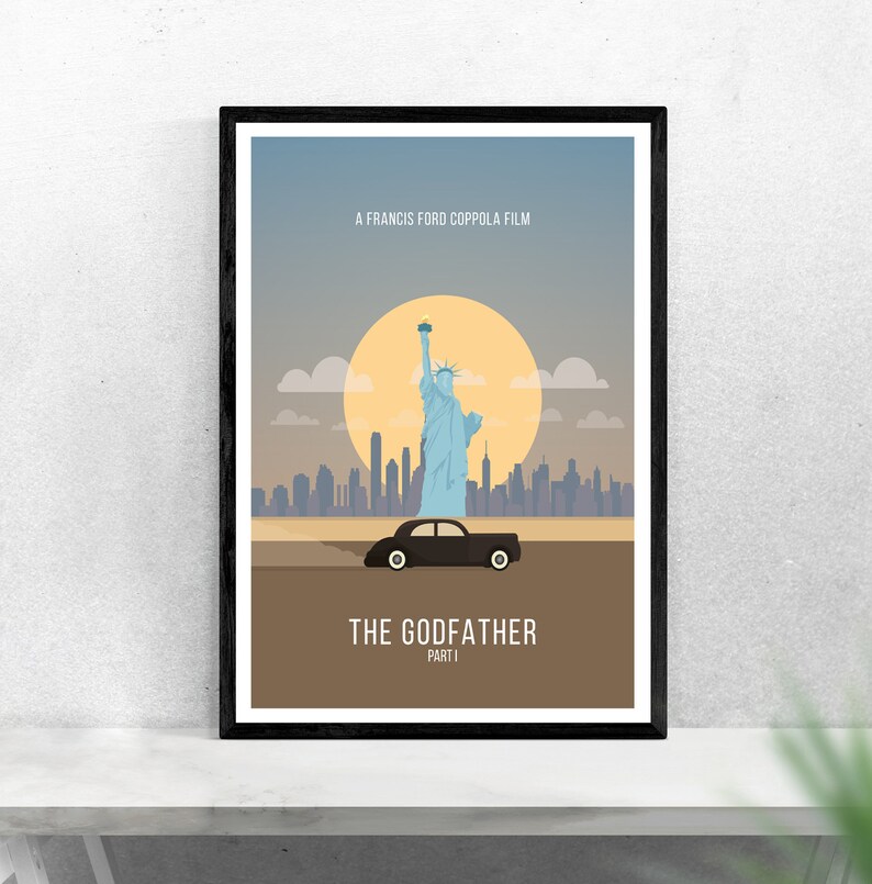 May include: A black and white poster with a minimalist design featuring the Statue of Liberty, a black car, and the text "A Francis Ford Coppola Film" and "The Godfather Part I".