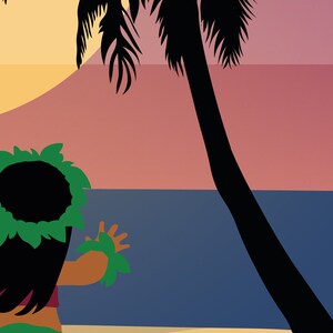 May include: A cartoon illustration of a young girl wearing a green lei and a grass skirt, standing on a beach with a palm tree and a sunset in the background.
