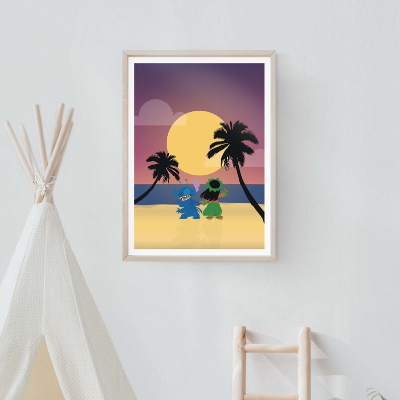 May include: A digital illustration of Stitch and Lilo from the Disney movie Lilo & Stitch. Stitch is blue with purple ears and Lilo is wearing a green dress and a flower in her hair. They are dancing on a beach at sunset with a large yellow moon in the sky.