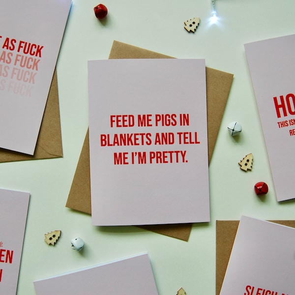 Christmas card for friends and family | feed me Pigs in blankets, Pink, Funny,  Fun Christmas Card, Holiday Card - Merry Christmas 5"x7", A5