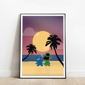May include: A digital illustration of Stitch and Angel from Lilo & Stitch, dancing on a beach at sunset. The background features a large yellow moon, palm trees, and a purple sky.