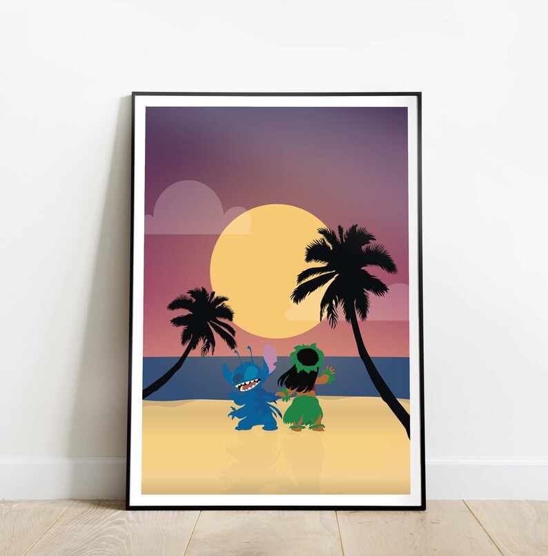 May include: A digital illustration of Stitch and Angel from Lilo & Stitch, dancing on a beach at sunset. The background features a large yellow moon, palm trees, and a purple sky.
